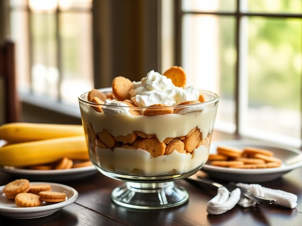 Southern banana pudding layered in a glass trifle dish with vanilla wafers