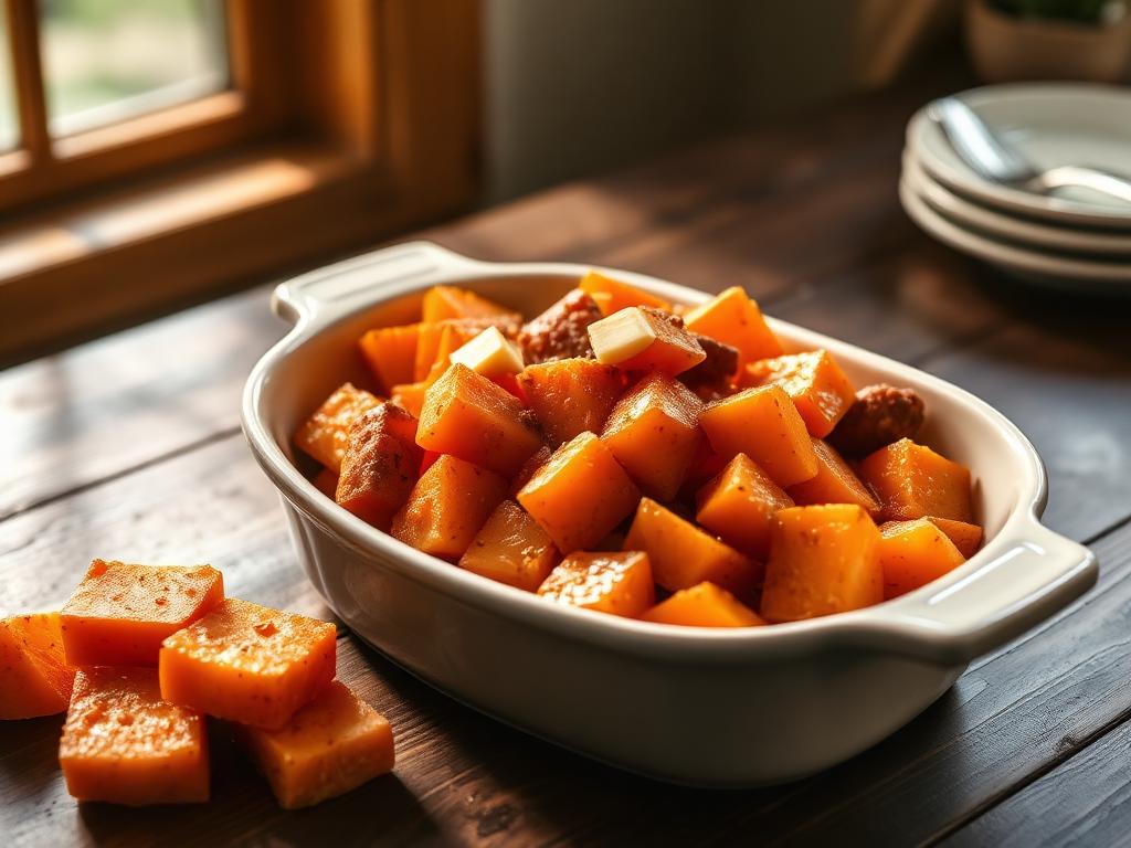 Candied yams glazed with butter and brown sugar in a ceramic baking dish
