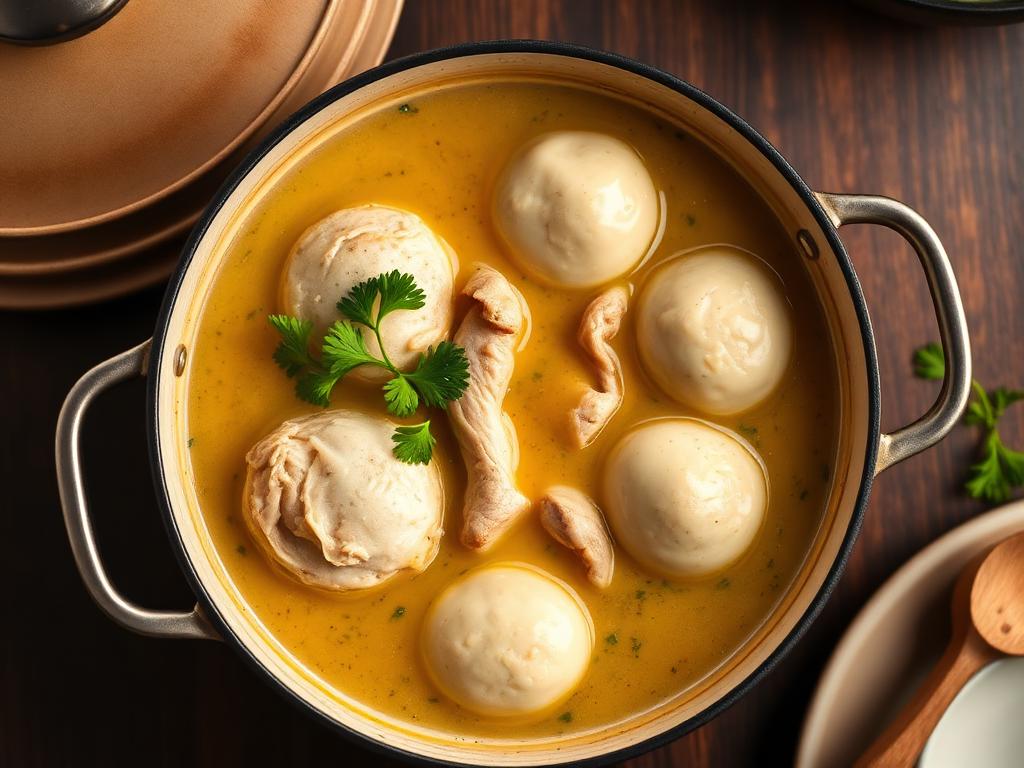 Chicken and dumplings simmering in a Dutch oven with parsley