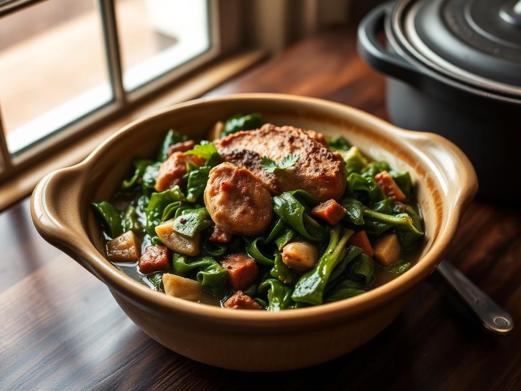 Slow-simmered collard greens with smoked turkey in a ceramic serving bowl