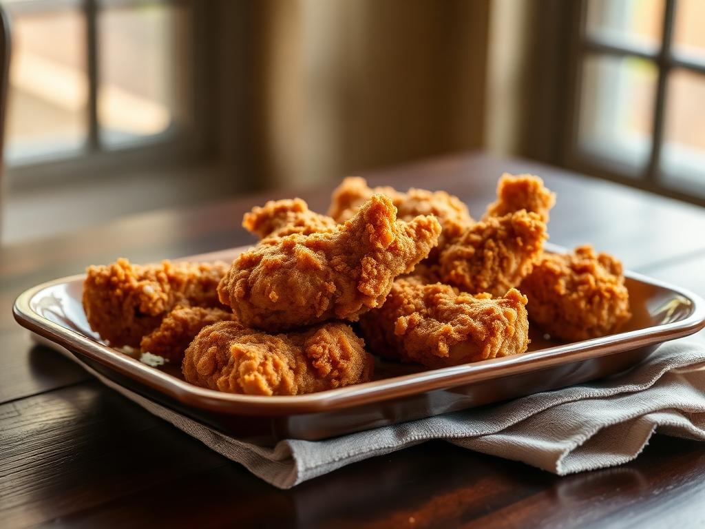 Golden Southern fried chicken piled on a ceramic platter beside a linen napkin