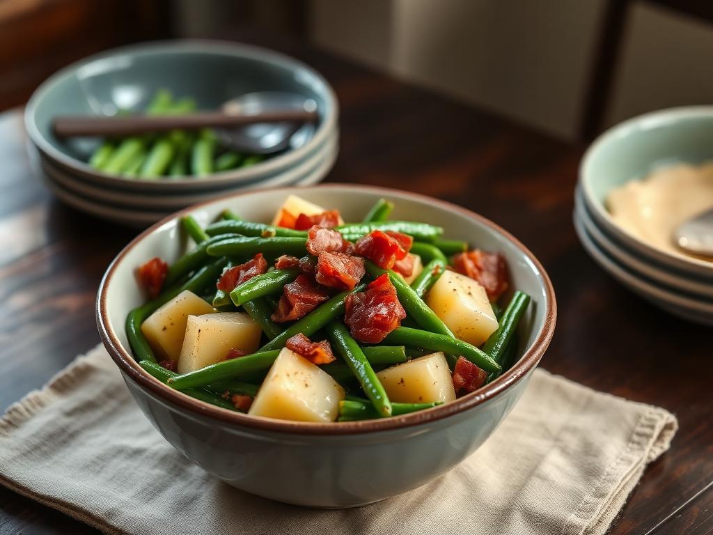 Southern green beans simmered with potatoes and bacon in a ceramic bowl