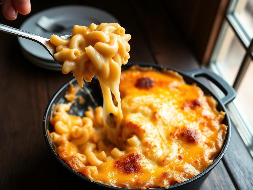 Baked macaroni and cheese in a cast iron skillet with a golden browned top