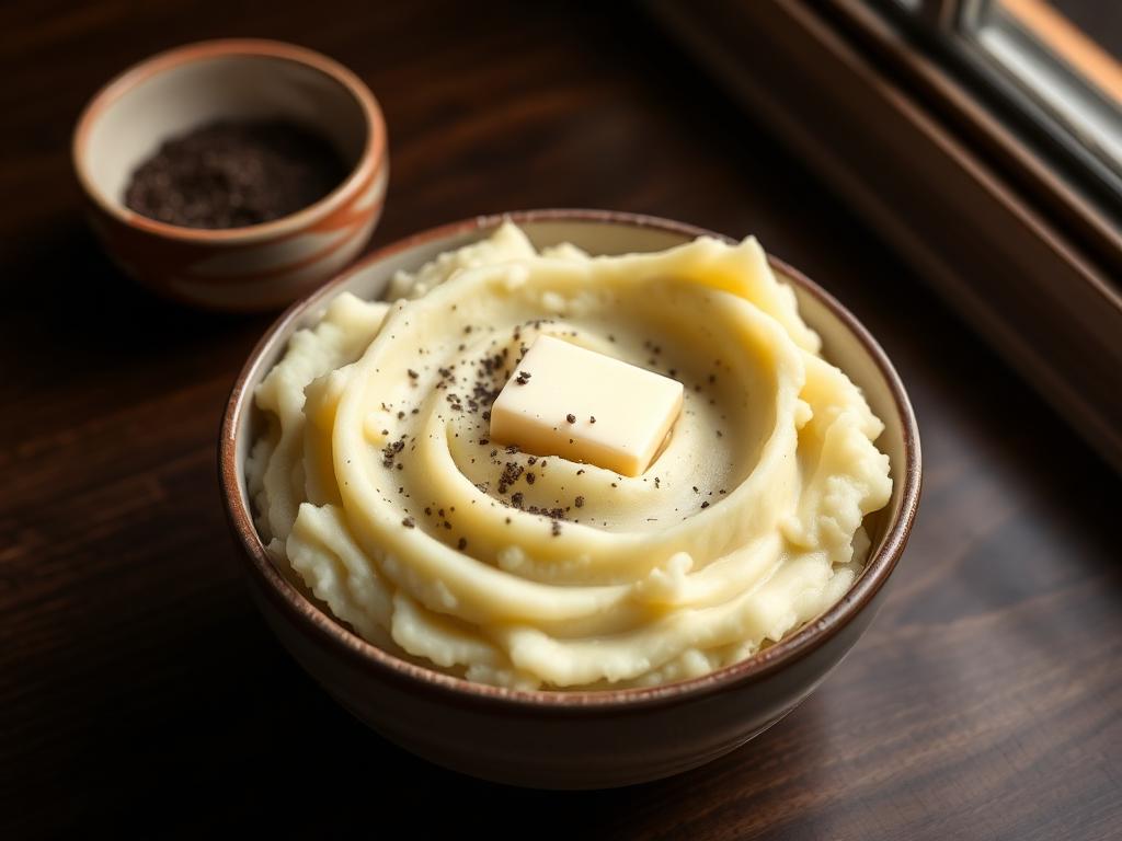 Creamy mashed potatoes in a ceramic bowl with melting butter