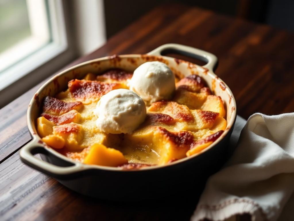 Golden peach cobbler in a baking dish topped with vanilla ice cream