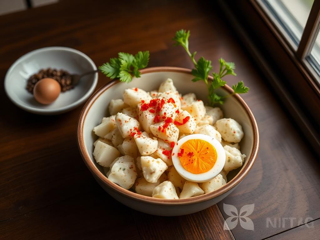Southern potato salad in a ceramic bowl topped with paprika and boiled egg