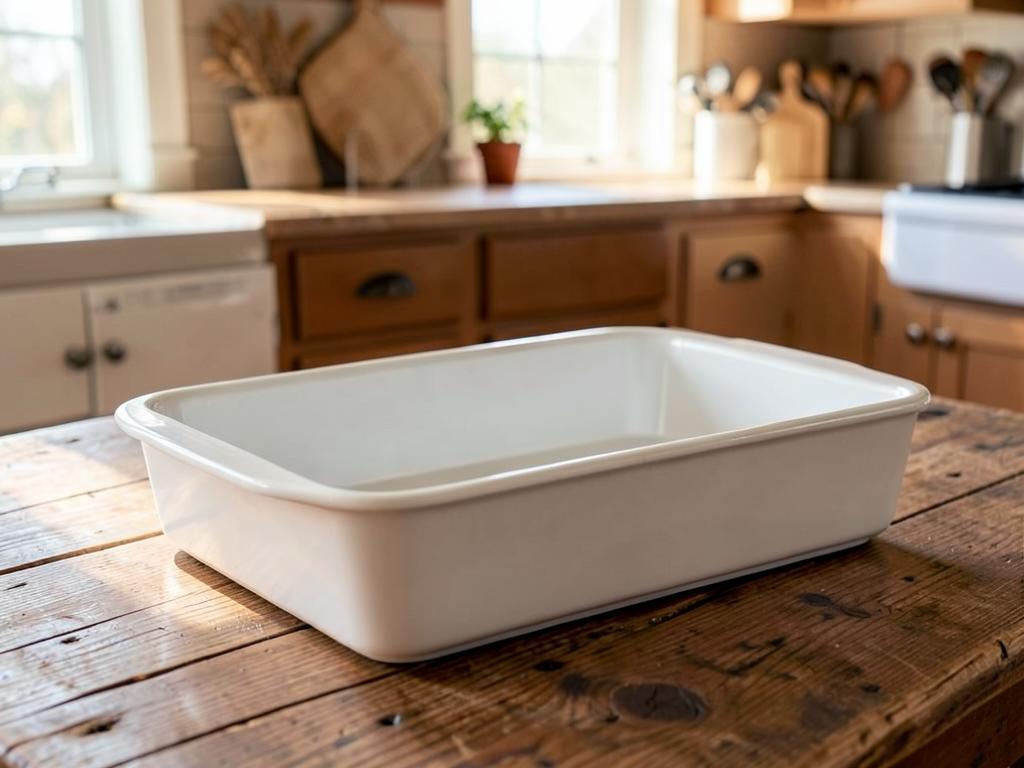 White rectangular ceramic 9x13 baking dish on a rustic wooden kitchen table