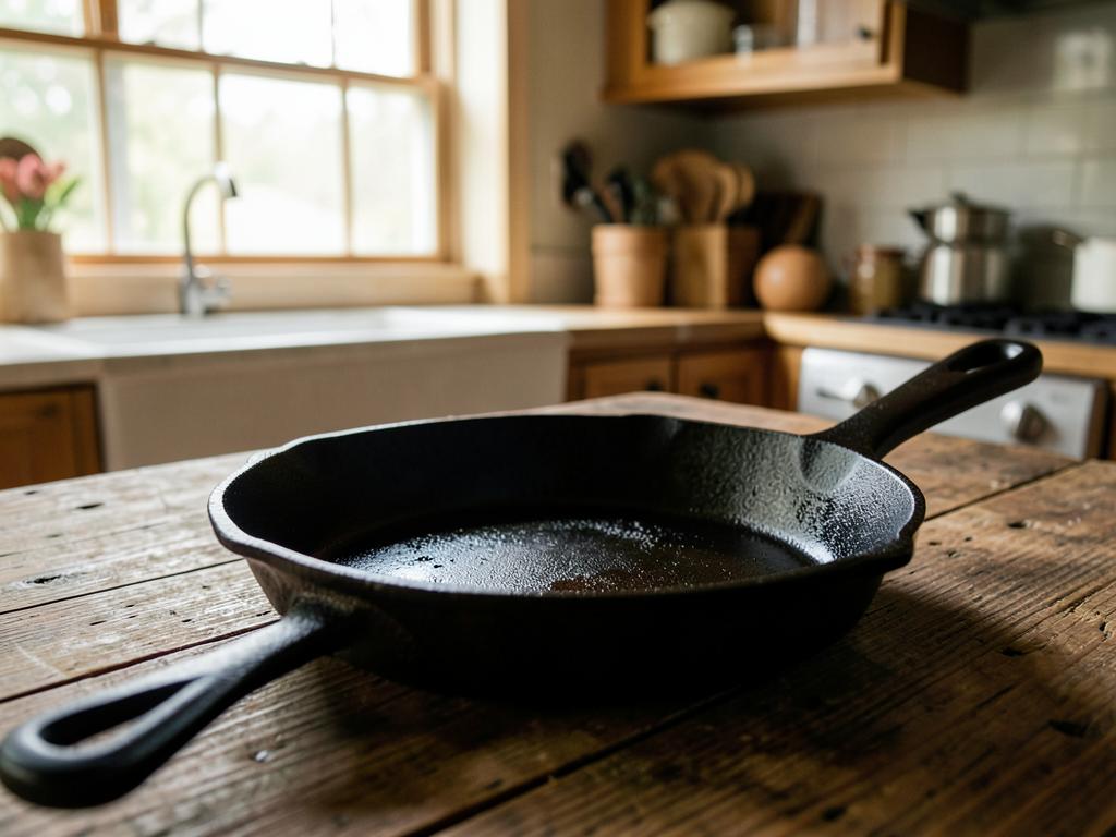 Seasoned cast iron skillet resting on a wooden table in a warm Southern farmhouse kitchen