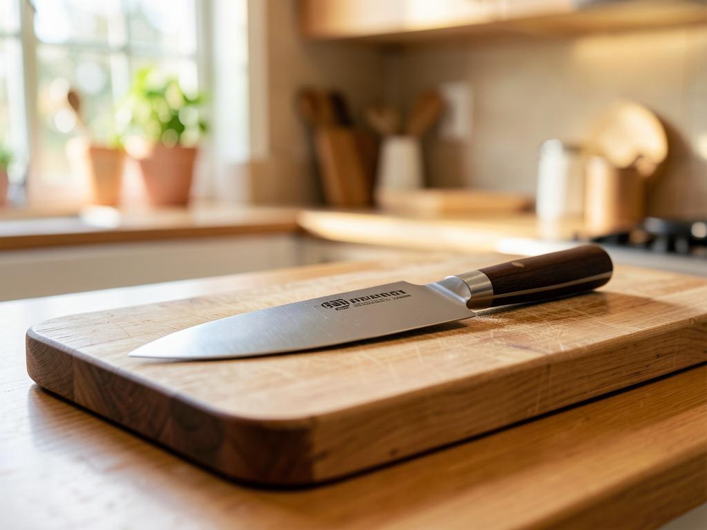 Eight inch chef knife laid flat on a wooden cutting board in a sunlit kitchen
