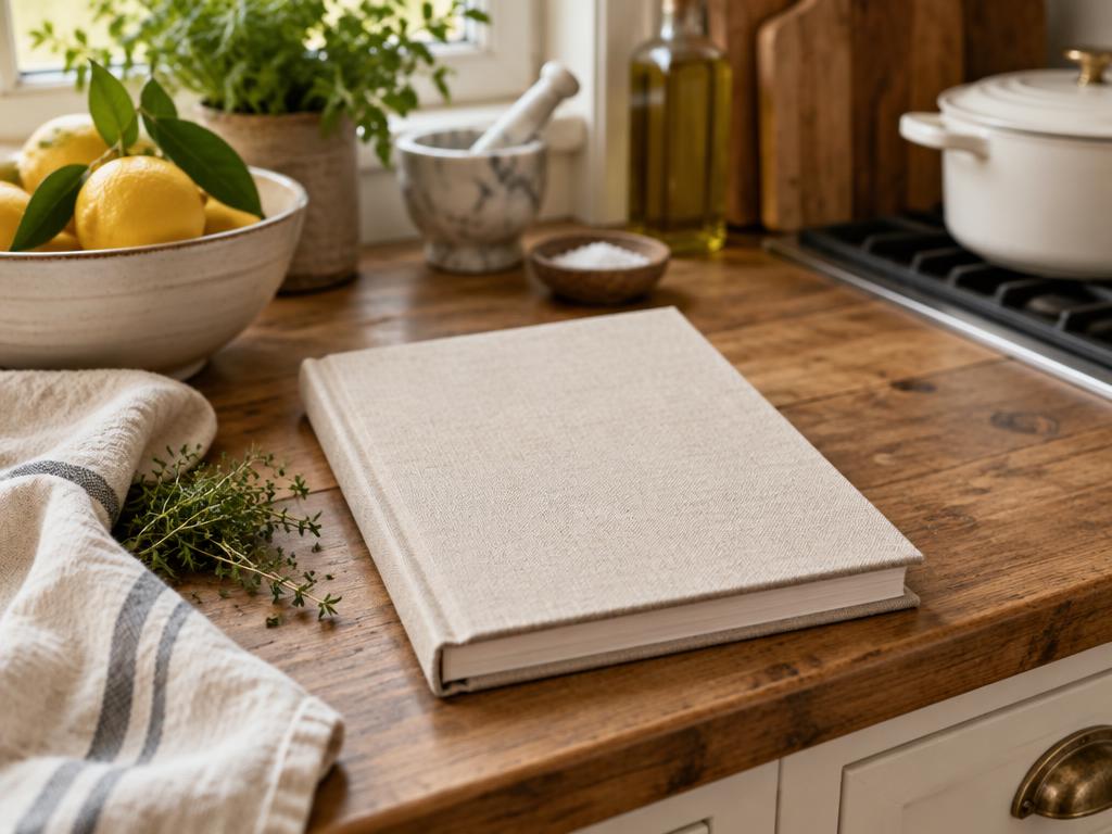 Cookbook in a warm home kitchen setting.