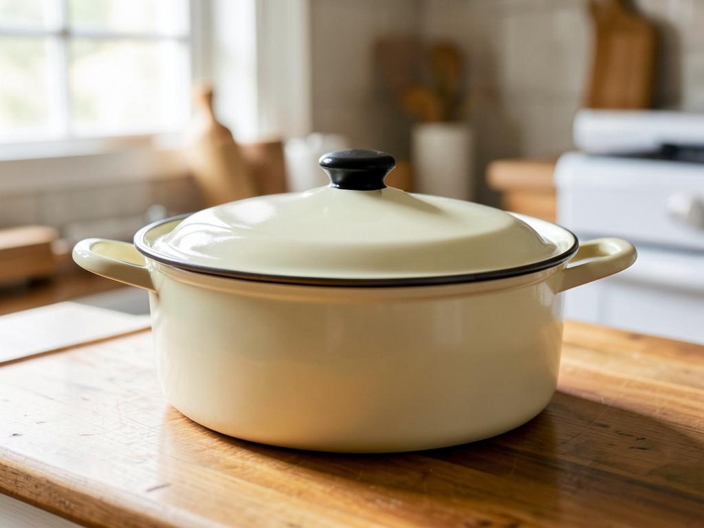 Cream enameled Dutch oven with lid on a butcher block kitchen counter