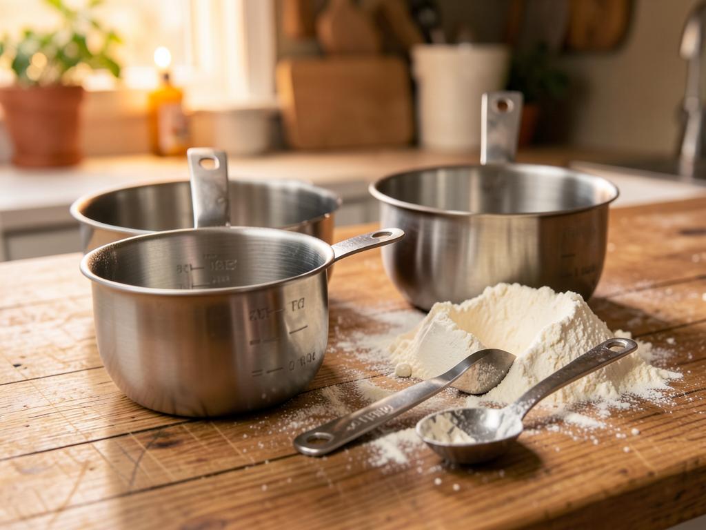 Stainless steel measuring cups and spoons with flour on a wooden counter