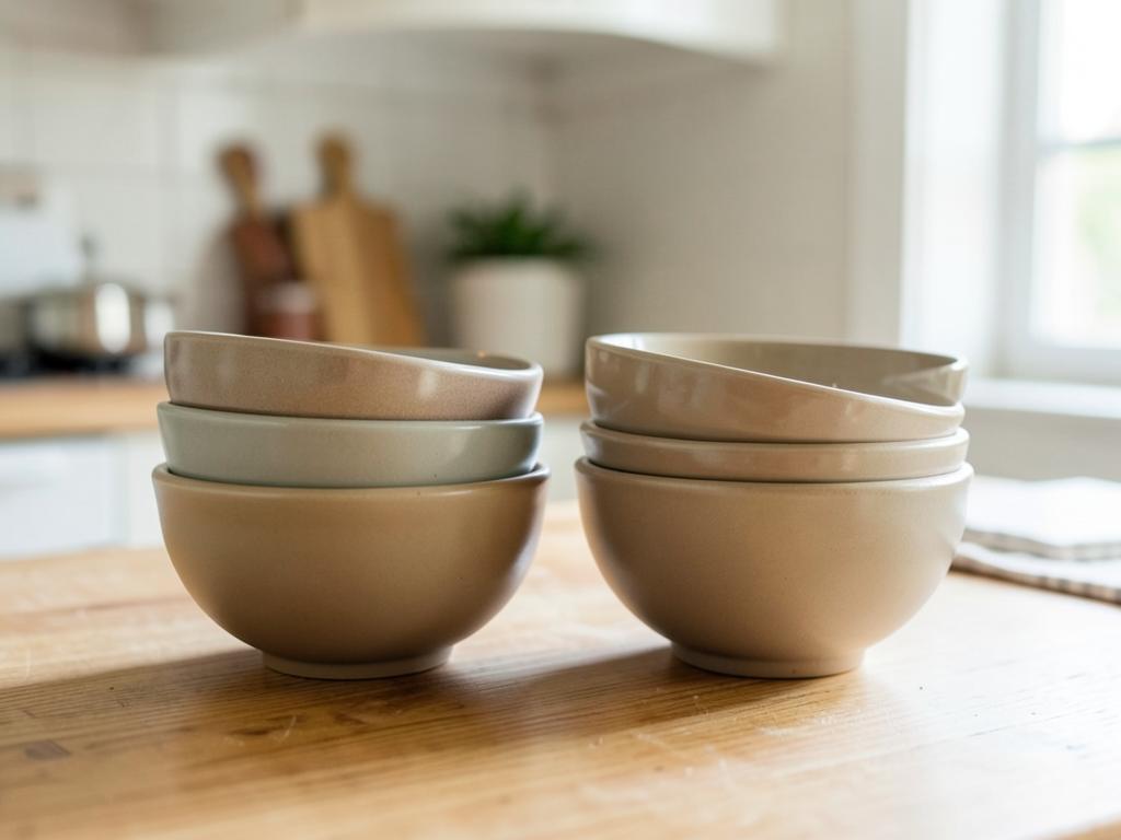 Set of nested ceramic mixing bowls stacked on a wooden kitchen counter