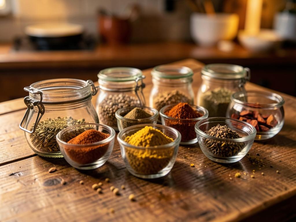 Collection of cooking spices and seasonings in glass jars and bowls on a wooden surface