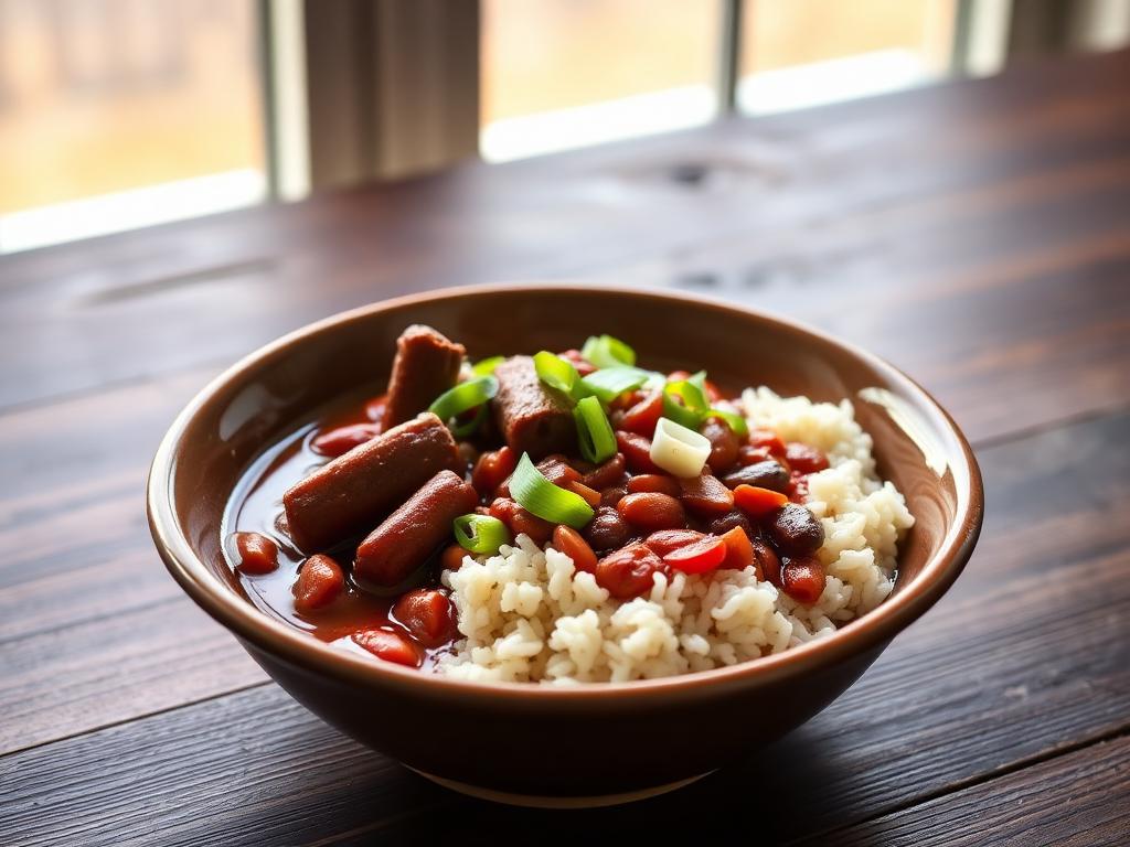 Red beans and rice with andouille sausage in a ceramic bowl