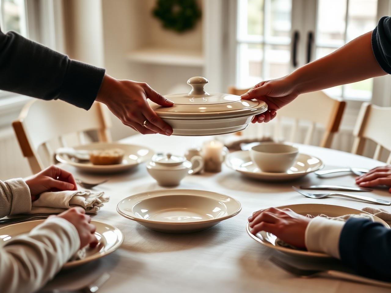 Hands passing a serving dish across a family dinner table