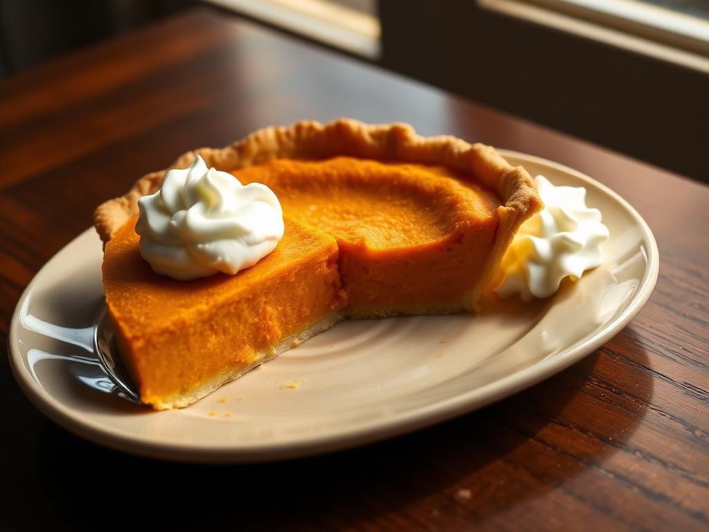 Slice of sweet potato pie with whipped cream on a ceramic plate