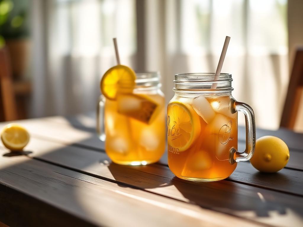 Southern sweet tea in mason jars with lemon and ice